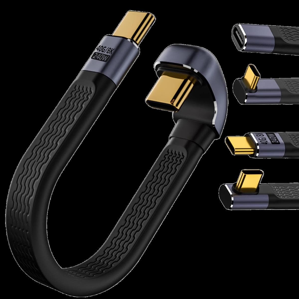 Black braided USB Type-C cable with aluminium connector shells on a dark background